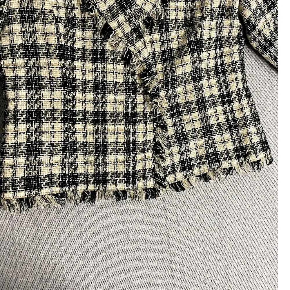 Nicole Studio Blazer Womens‎ 18 Cream/Black Plaid Tweed Fringe Boho Party
